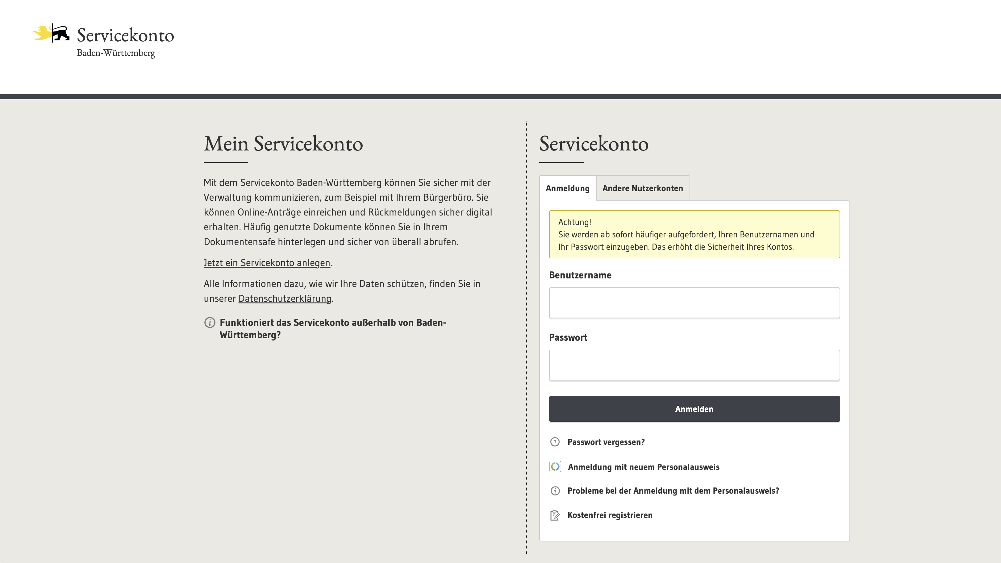 Screenshot ServiceBW Anmeldemaske