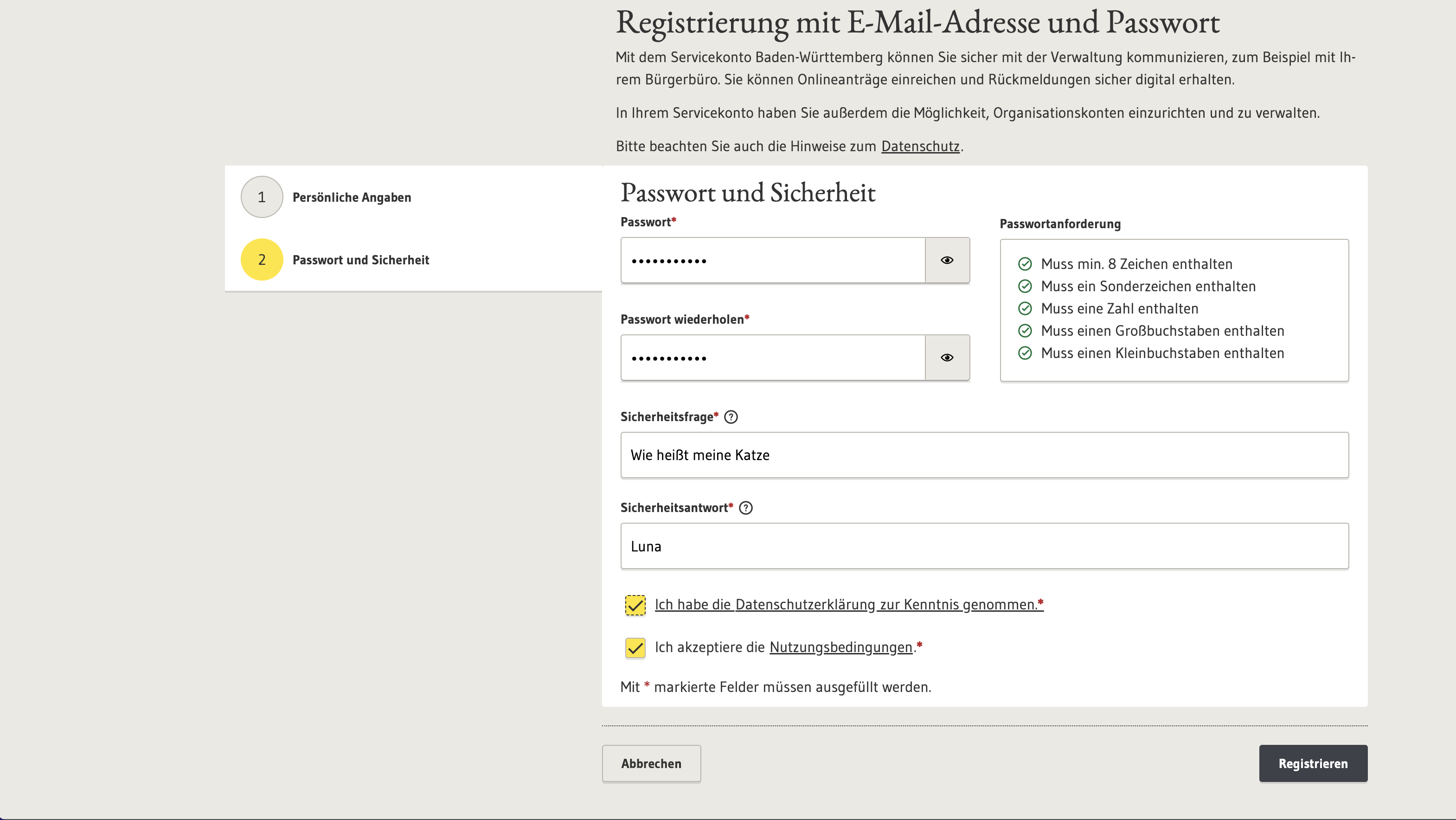Screenshot ServiceBW Eingabemaske Passwortvergabe
